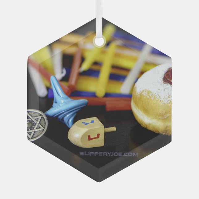 SlipperyJoe Hanukkah symbolic still life holiday e Glass Ornament (Front)