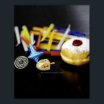 SlipperyJoe Hanukkah symbolic still life holiday e Poster<br><div class="desc">SlipperyJoe Hanukkah symbolic still life holiday essence vibrant meaningful objects colourful slender pile menorah candles artistic red blue yellow and white sufganiyah doughnut classic jelly-filled commemorate miracle of the oil dreidels metallic gold glossy blue Hebrew great miracle happened there metallic pewter star of David medallion light resilience community themes spiritual...</div>