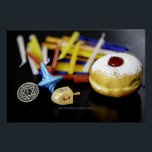 SlipperyJoe Hanukkah symbolic still life holiday e Poster<br><div class="desc">SlipperyJoe Hanukkah symbolic still life holiday essence vibrant meaningful objects colourful slender pile menorah candles artistic red blue yellow and white sufganiyah doughnut classic jelly-filled commemorate miracle of the oil dreidels metallic gold glossy blue Hebrew great miracle happened there metallic pewter star of David medallion light resilience community themes spiritual...</div>
