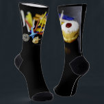 SlipperyJoe Hanukkah symbolic still life holiday e Socks<br><div class="desc">SlipperyJoe Hanukkah symbolic still life holiday essence vibrant meaningful objects colourful slender pile menorah candles artistic red blue yellow and white sufganiyah doughnut classic jelly-filled commemorate miracle of the oil dreidels metallic gold glossy blue Hebrew great miracle happened there metallic pewter star of David medallion light resilience community themes spiritual...</div>