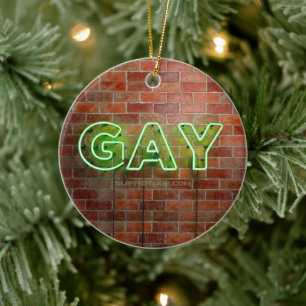 SlipperyJoe illuminated gay neon sign bright vivid Ceramic Ornament