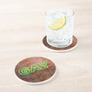 SlipperyJoe illuminated gay neon sign bright vivid Coaster