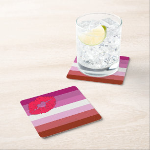 SlipperyJoe lipstick lesbian pride flag feminine c Square Paper Coaster