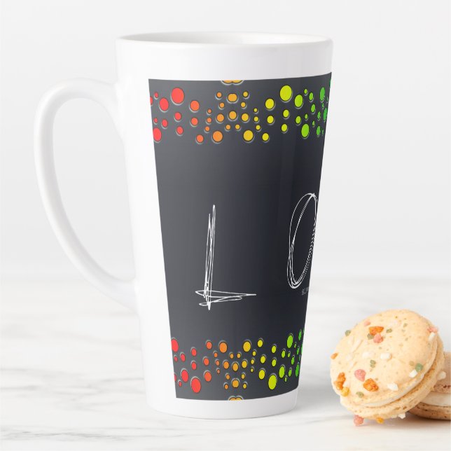 SlipperyJoe love bubbles red orange yellow green c Latte Mug (In Situ)