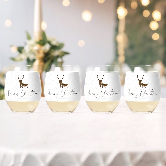 SlipperyJoe Merry Christmas reindeer red-nose antl Stemless Wine Glass (Insitu (Wedding))