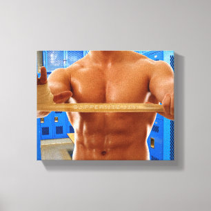 SlipperyJoe muscular man abs locker room tiled flo Canvas Print