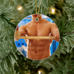 SlipperyJoe muscular man abs locker room tiled flo Ceramic Ornament
