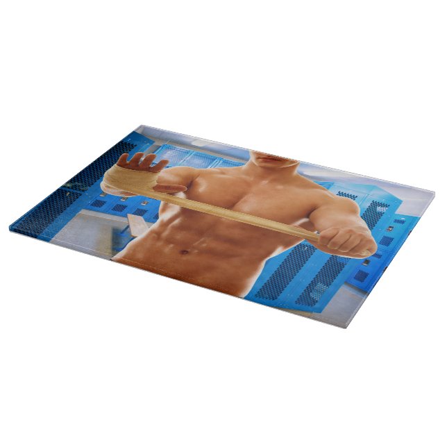 SlipperyJoe muscular man abs locker room tiled flo Cutting Board (Corner)