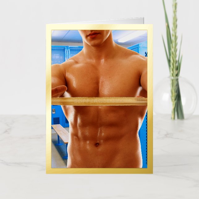 SlipperyJoe muscular man abs locker room tiled flo Foil Greeting Card (Front)