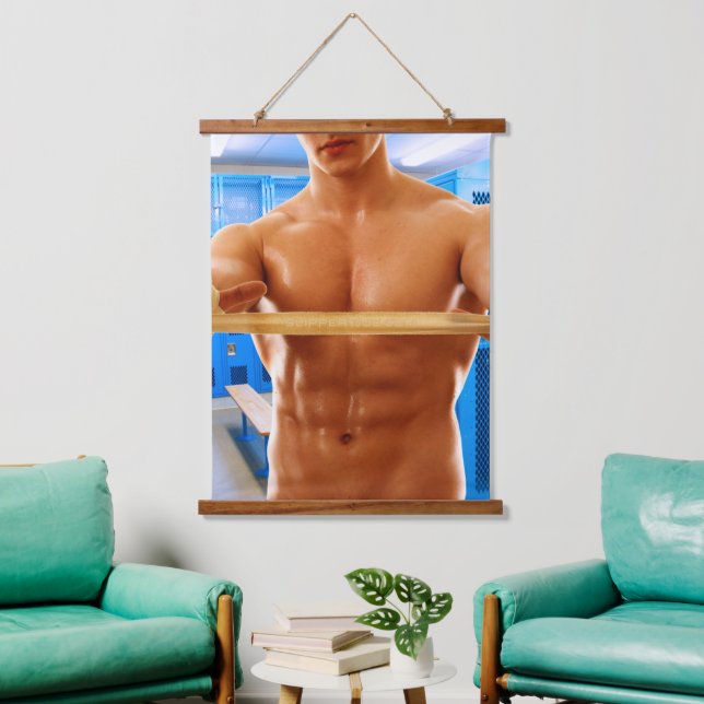 SlipperyJoe muscular man abs locker room tiled flo Hanging Tapestry (Living Room)
