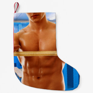 SlipperyJoe muscular man abs locker room tiled flo Small Christmas Stocking