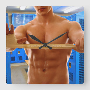 SlipperyJoe muscular man abs locker room tiled flo Square Wall Clock