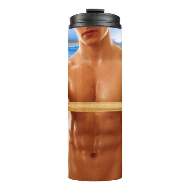 SlipperyJoe muscular man abs locker room tiled flo Thermal Tumbler (Front)