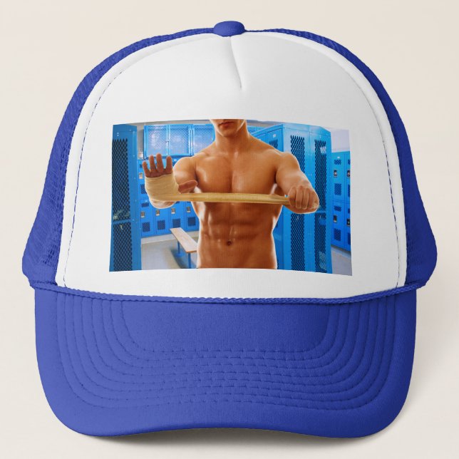 SlipperyJoe muscular man abs locker room tiled flo Trucker Hat (Front)