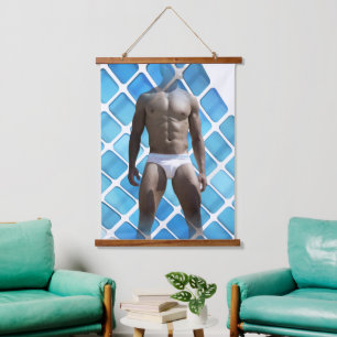 SlipperyJoe muscular man six-pack abs male white u Hanging Tapestry