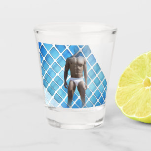 SlipperyJoe muscular man six-pack abs male white u Shot Glass