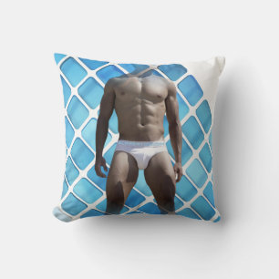 SlipperyJoe muscular man six-pack abs male white u Throw Pillow