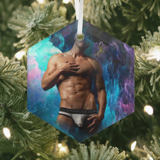 SlipperyJoe muscular man underwear bulge vibrant h Glass Ornament (Insitu)
