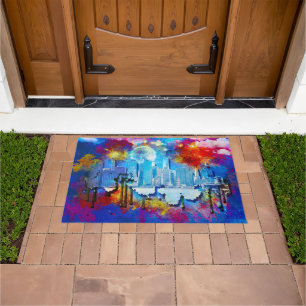 SlipperyJoe NYC graffiti moon surrounded swirling  Doormat