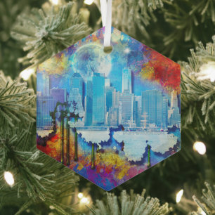 SlipperyJoe NYC graffiti moon surrounded swirling Glass Ornament