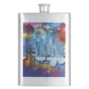 SlipperyJoe NYC graffiti moon surrounded swirling  Hip Flask