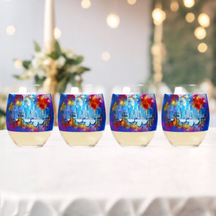 SlipperyJoe NYC graffiti moon surrounded swirling  Stemless Wine Glass