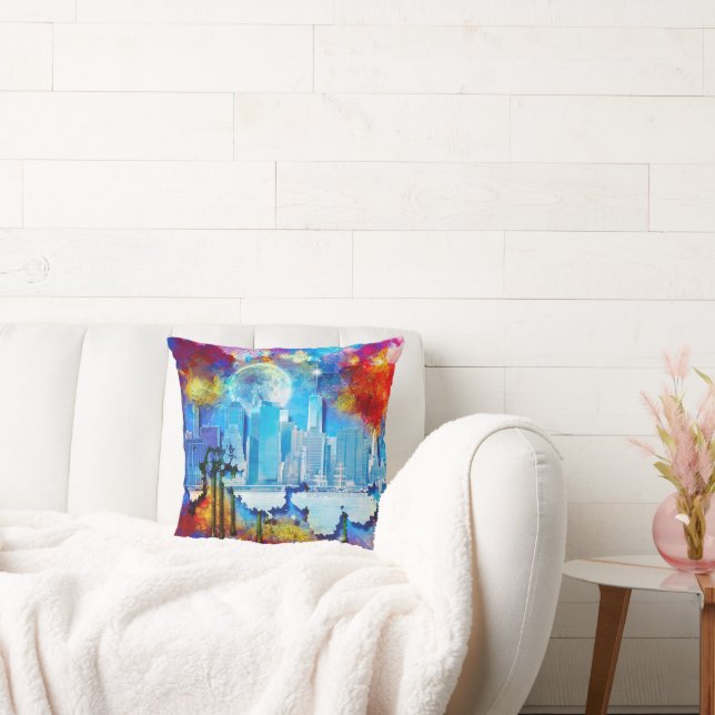 SlipperyJoe NYC graffiti moon surrounded swirling  Throw Pillow (Couch)