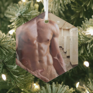 SlipperyJoe shirtless muscular man sixpack abs fit Glass Ornament