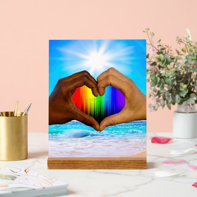 SlipperyJoe vivid rainbow gradient heart interraci Acrylic Sign (Wedding)