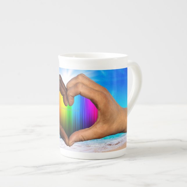 SlipperyJoe vivid rainbow gradient heart interraci Bone China Mug (Front Right)
