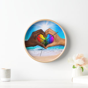 SlipperyJoe vivid rainbow gradient heart interraci Clock