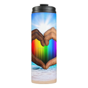 SlipperyJoe vivid rainbow gradient heart interraci Thermal Tumbler