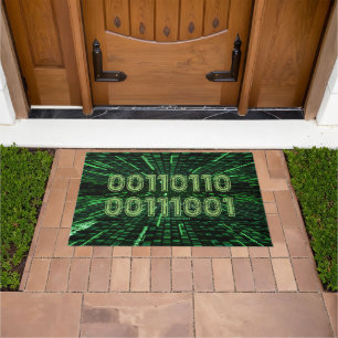 SlipperyJoe's 69 binary code vibrant green compute Doormat