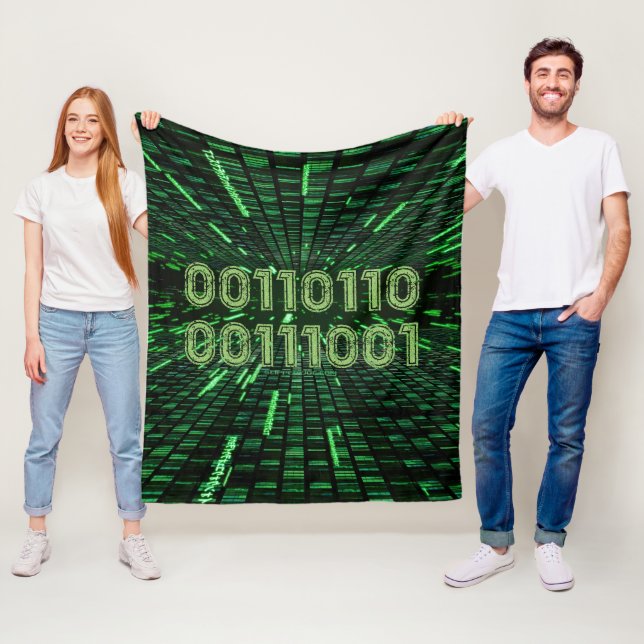 SlipperyJoe's 69 binary code vibrant green compute Fleece Blanket (In Situ)