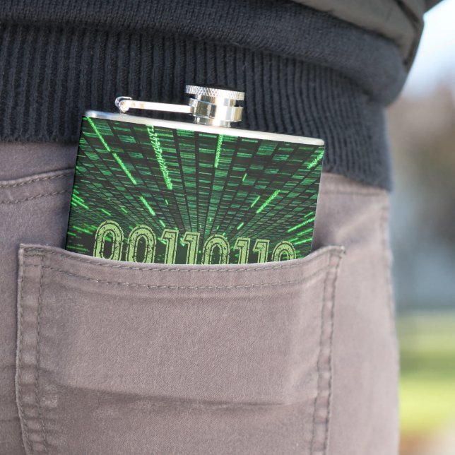 SlipperyJoe's 69 binary code vibrant green compute Hip Flask (In Situ)