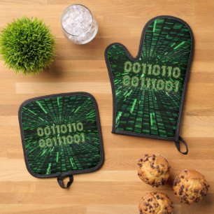 SlipperyJoe's 69 binary code vibrant green compute Oven Mitt & Pot Holder Set