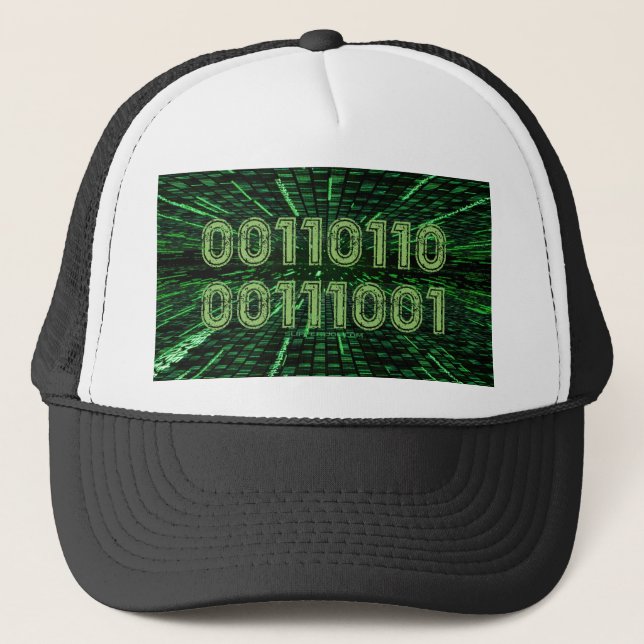 SlipperyJoe's 69 binary code vibrant green compute Trucker Hat (Front)
