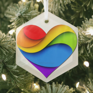 SlipperyJoe's artistic Pride Heart Curves gay gift Glass Ornament