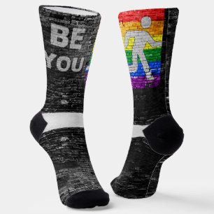 SlipperyJoe's Be You brick wall stick figure rainb Socks