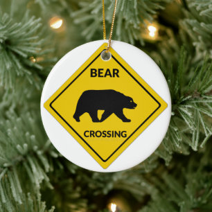 SlipperyJoe's bear crossing sign bear silhouette w Ceramic Ornament