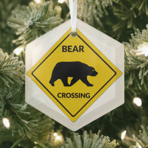 SlipperyJoe's bear crossing sign bear silhouette w Glass Ornament