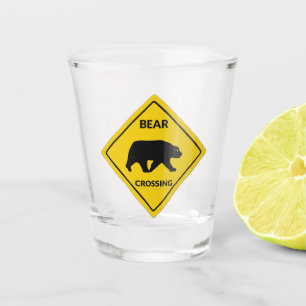 SlipperyJoe's bear crossing sign bear silhouette w Shot Glass