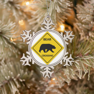 SlipperyJoe's bear crossing sign bear silhouette w Snowflake Pewter Christmas Ornament