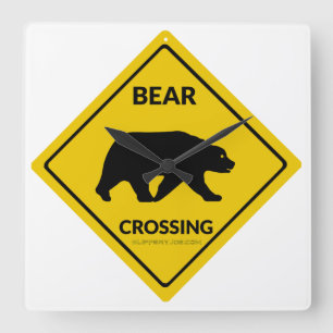SlipperyJoe's bear crossing sign bear silhouette w Square Wall Clock