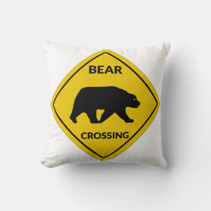 SlipperyJoe's bear crossing sign bear silhouette w Throw Pillow