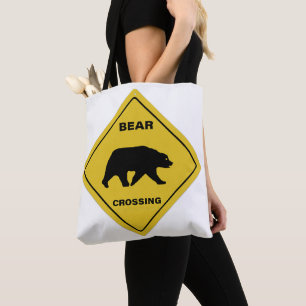 SlipperyJoe's bear crossing sign bear silhouette w Tote Bag