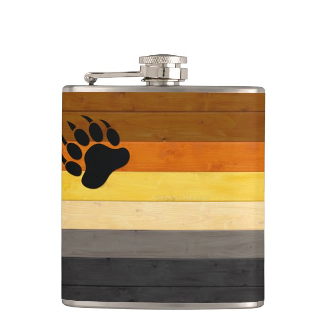 SlipperyJoe's Bear Pride flag wooden floor texture Hip Flask (Front)