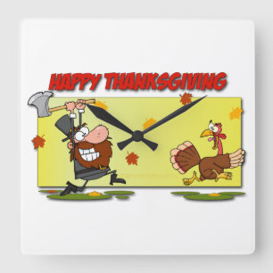 SlipperyJoe's bright playful Thanksgiving cartoon Square Wall Clock