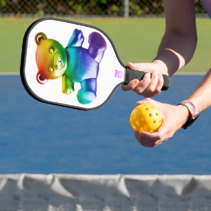 SlipperyJoe's brushed metal teddy bear rainbow gra Pickleball Paddle