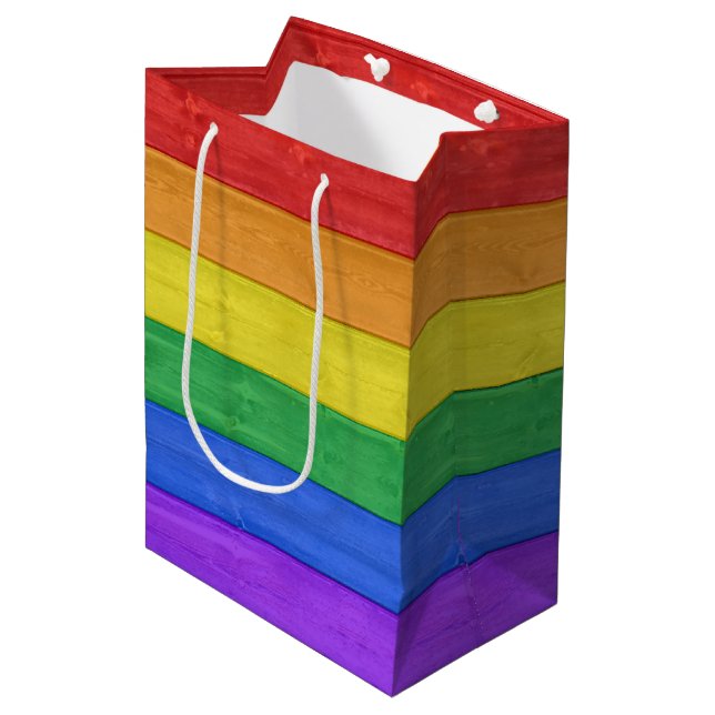 SlipperyJoe's classic rainbow tactile handcrafted  Medium Gift Bag (Front Angled)